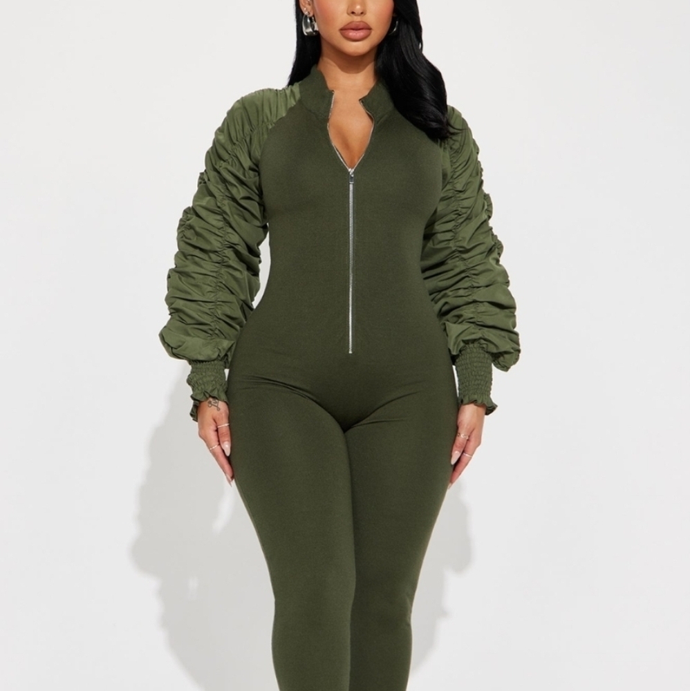 Olive Green Ruched Sleeve Jumpsuit